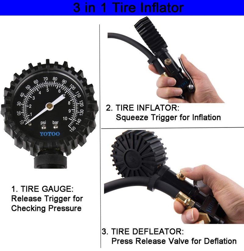 YOTOO Tire Inflator with Gauge, 150 PSI Heavy Duty Swivel Air Chuck, Large 3" Easy Read Glow Dial, Flexible Rubber Hose and 1/4" NPT Air Fitting - LeoForward Australia