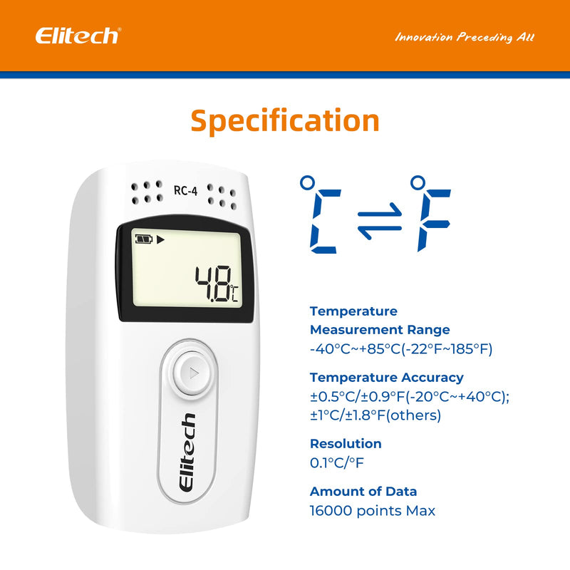  [AUSTRALIA] - Elitech RC-4 Temperature Data Logger Recorder with External Temperature Sensor, LCD Displays Temperature Data Logger 16000 Data Capacity RC-4 (White)