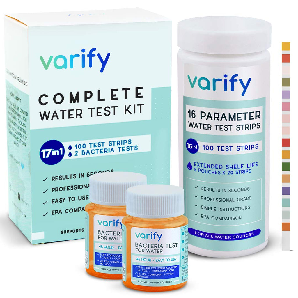  [AUSTRALIA] - 17 in 1 Premium Drinking Water Test Kit - 100 Strips + 2 Bacteria Tests - Home Water Quality Test - Well and Tap Water - Easy Testing for Lead, Bacteria, Hardness, Fluoride, pH, Iron, Copper and more!
