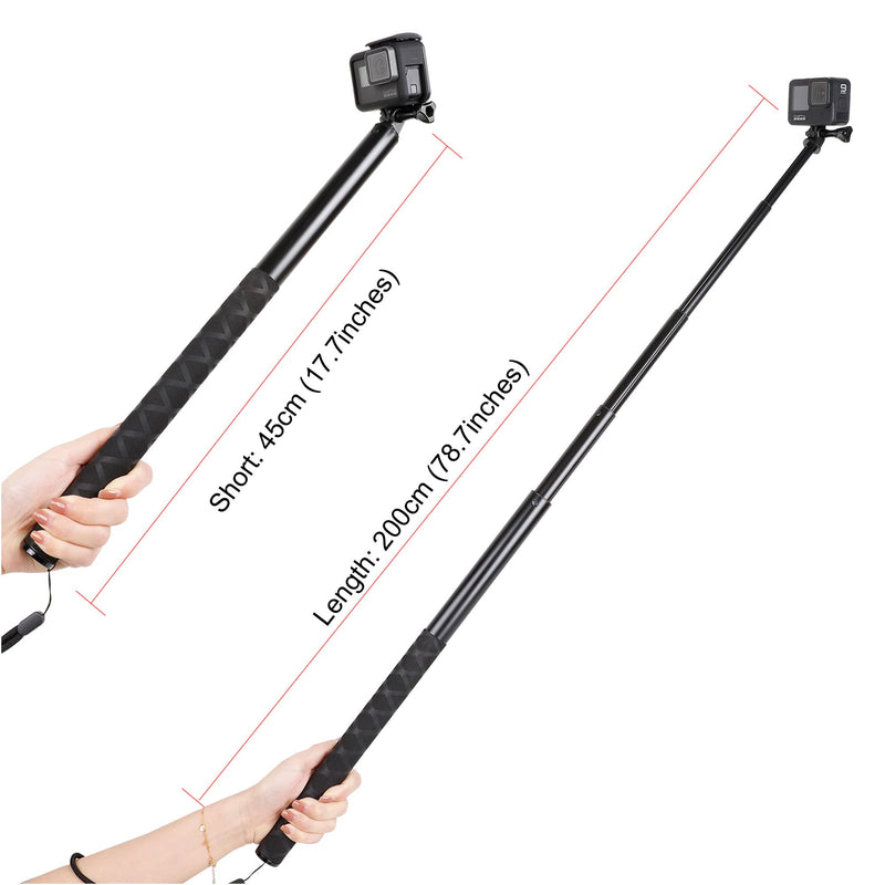  [AUSTRALIA] - 79inch Long Selfie Stick for GoPro 11 10 9 8 7 6 5 Blcak 4 Silver Go Pro Max Session, DJI Osmo Action 2,AKASO,Insta360 One R Cameras, 45-200cm Extendable Pole Monopod