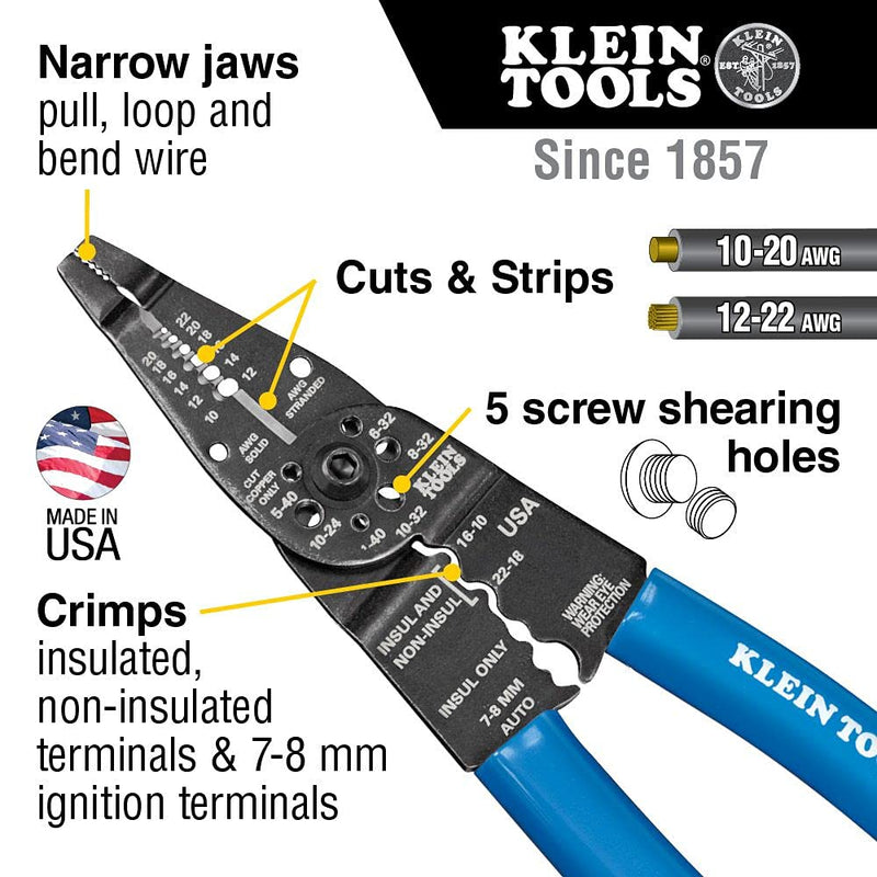  [AUSTRALIA] - Klein Tools 1010 Multi Tool Long Nose Wire Cutter, Wire Crimper, Stripper and Bolt Cutter Multi-Purpose Electrician Tool, 8-Inch Long