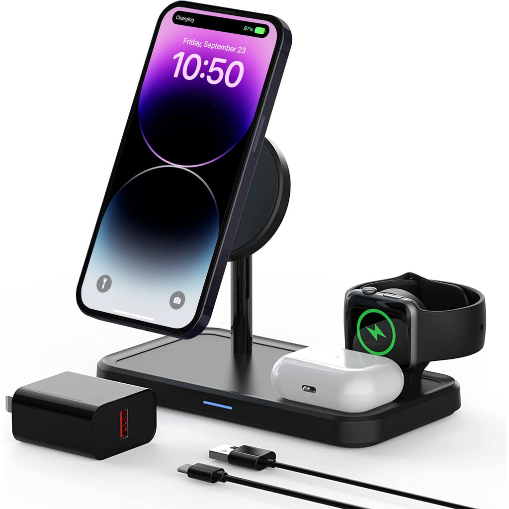  [AUSTRALIA] - Wireless Charger for Magsafe - GEEKERA 3 in 1 Magnetic Wireless Charging Station for iPhone 14/13/ 12/ Pro/Max/Mini, Apple Watch 7/6/5/4/3/2/SE, TWS Airpods 3/2/Pro with QC 3.0 18W Adapter Wireless Charging Stand Black