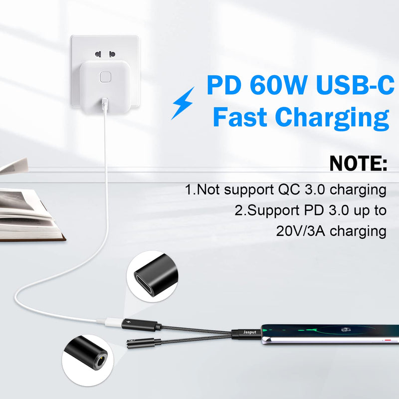  [AUSTRALIA] - Jasput USB Type C to 3.5mm Headphone and Charger Adapter, 2-in-1 USB C to Aux Audio Jack Hi-Res DAC and Fast Charging Dongle Cable Compatible with Pixel 4 3 XL,Galaxy S22 S21 S20 S20+ Note 20 Black-3.5mm Audio Port