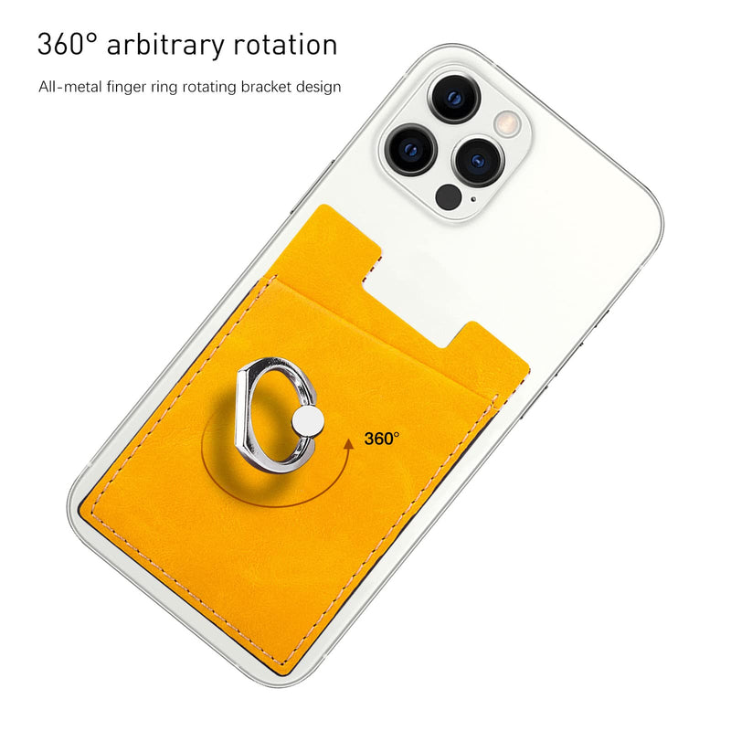  [AUSTRALIA] - Phone Card Holder with Phone Ring, Ring Wallets Combine a Finger Grip, Phone Ring Stand & Credit Card Sleeve into Thin Phone Wallets Stick On Universal to Any Cell Phone - Bright Yellow