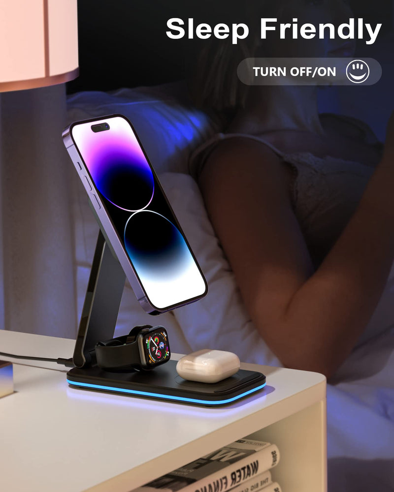 [AUSTRALIA] - Aluminum Alloy Mag-Safe Wireless Charger, BOCLOUD Foldable 3 in 1 Wireless Charging Station Portable Fast Charger Stand for iPhone 14,13,12 Pro Max/Pro/Mini, iWatch 8/SE2/7/6/SE/5/4/3/2, AirPods