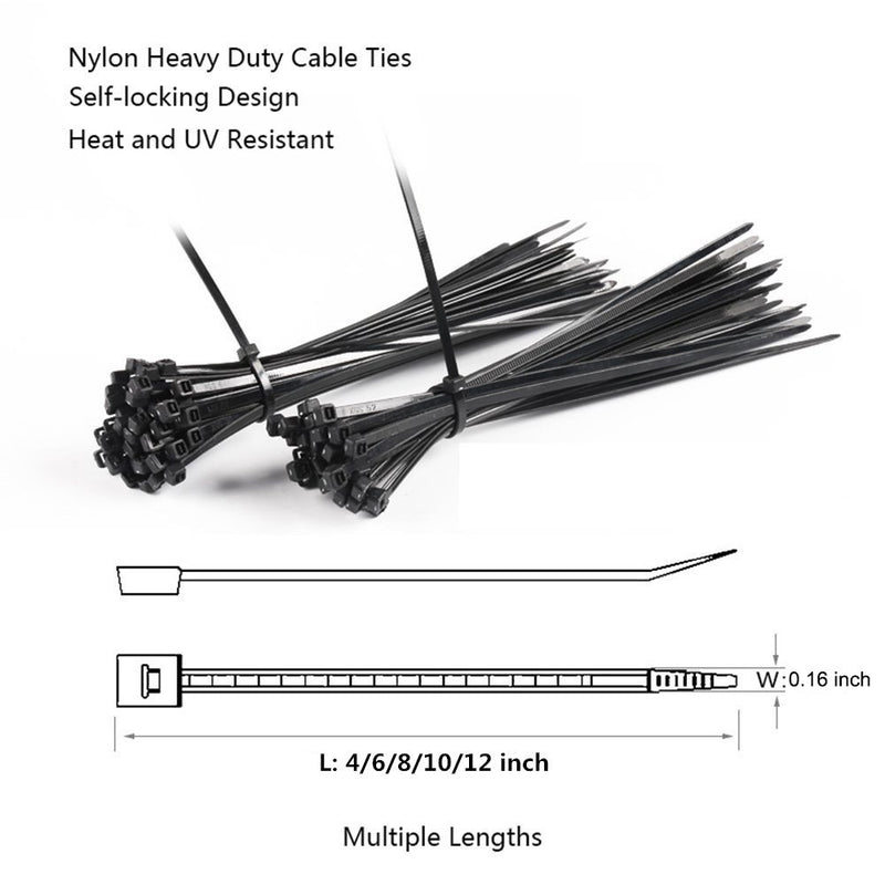  [AUSTRALIA] - NewMainOne Cable Zip Ties,500 Packs Self-Locking 4+6+8+10+12-Inch Width 0.16inch Nylon Cable Ties,Perfect for Home,Office,Garage and Workshop (Black) Black