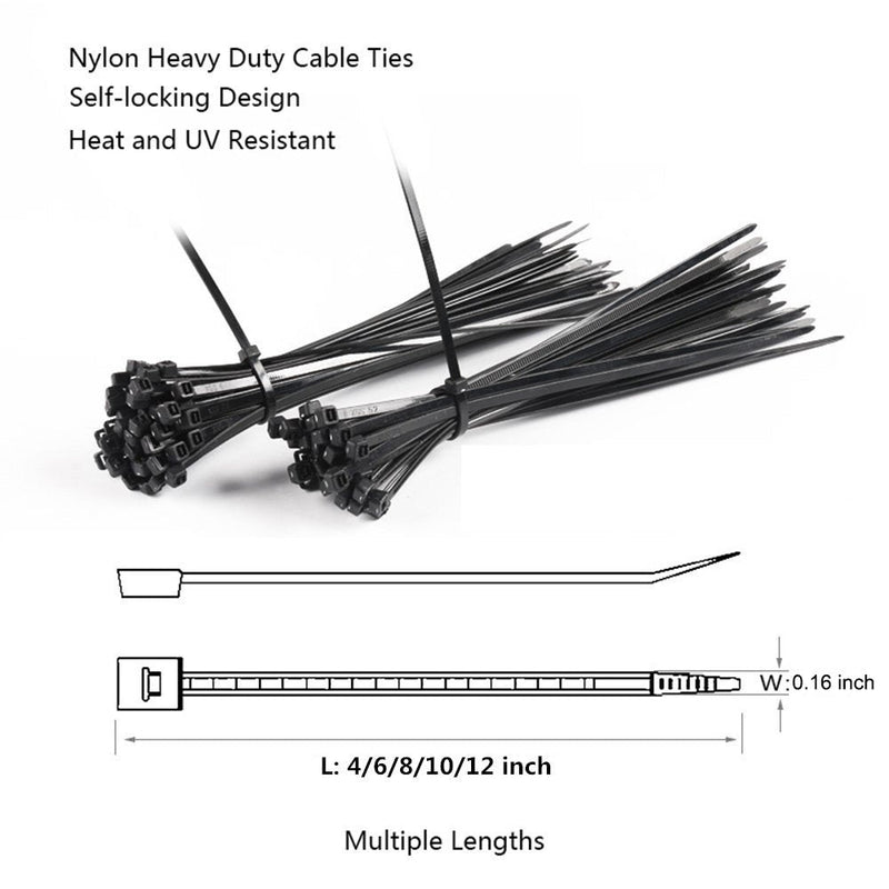  [AUSTRALIA] - NewMainOne Cable Zip Ties,500 Packs Self-Locking 4+6+8+10+12-Inch Width 0.16inch Nylon Cable Ties,Perfect for Home,Office,Garage and Workshop (Black) Black