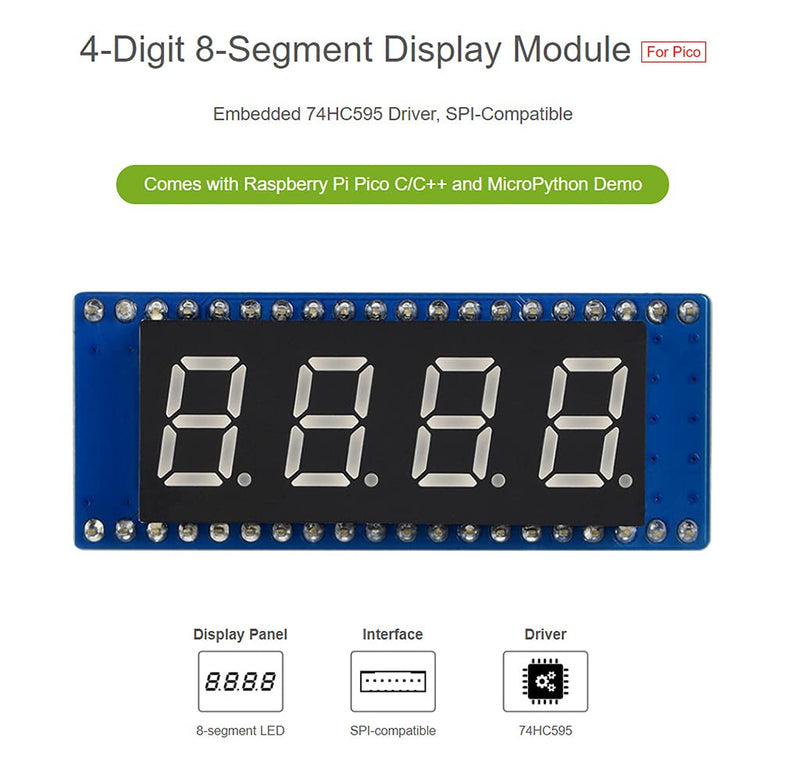  [AUSTRALIA] - 4-Digit 8-Segment Display Module for Raspberry Pi Pico Series, Based on 74HC595 Driver SPI-Compatible Direct Connect