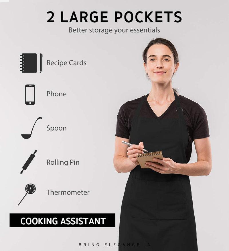  [AUSTRALIA] - Syntus 2 Pack Adjustable Bib Apron Waterdrop Resistant with 2 Pockets Cooking Kitchen Aprons for Women Men Chef, Black Polyester