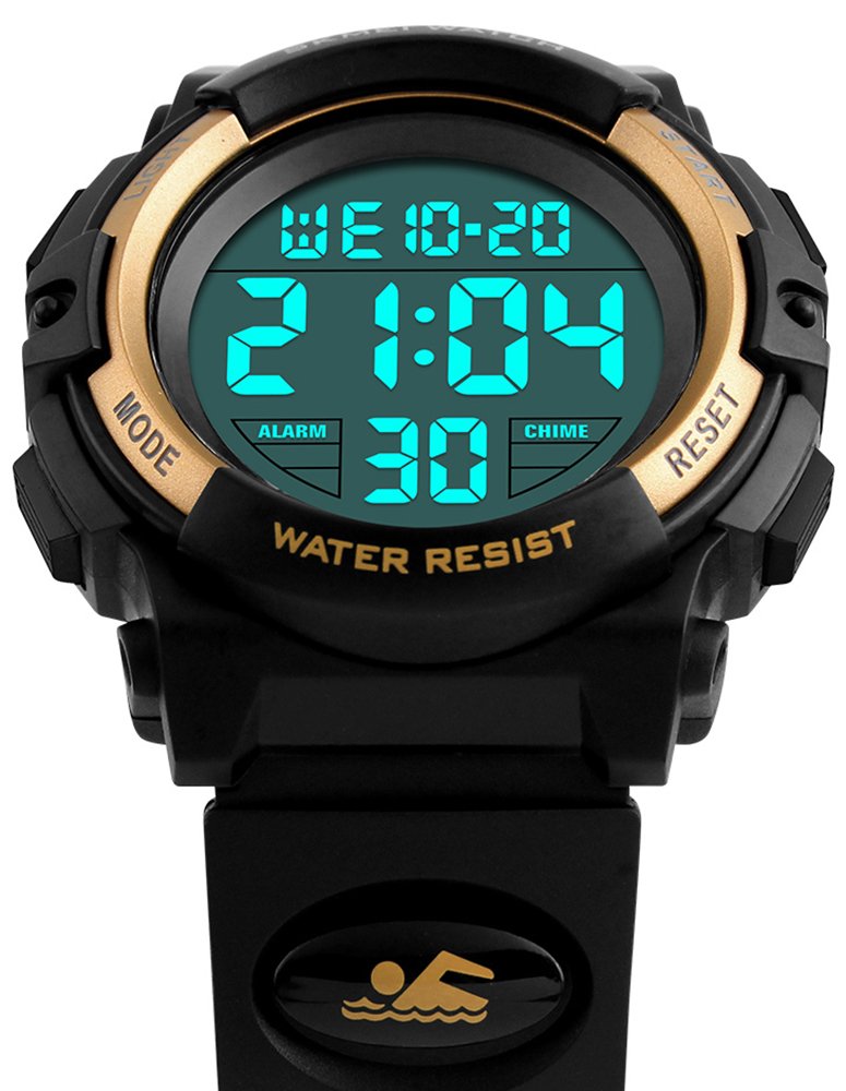 Boys Girl Digital Multifunction 50M Waterproof Alarm Stopwatch Calendar EL Backlight 12H/24H Sports Watch Gold - LeoForward Australia