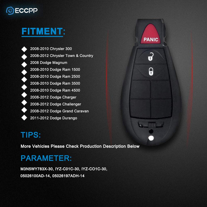  [AUSTRALIA] - ECCPP Replacement fit for 3 Buttons Uncut 433MHz Keyless Entry Remote Car Key Fob for 08-2012 Dodge Challenger Chrysler 300 Dodge Magnum Dodge Ram 4500 IYZ-CO1C-30 (Pack of 2)