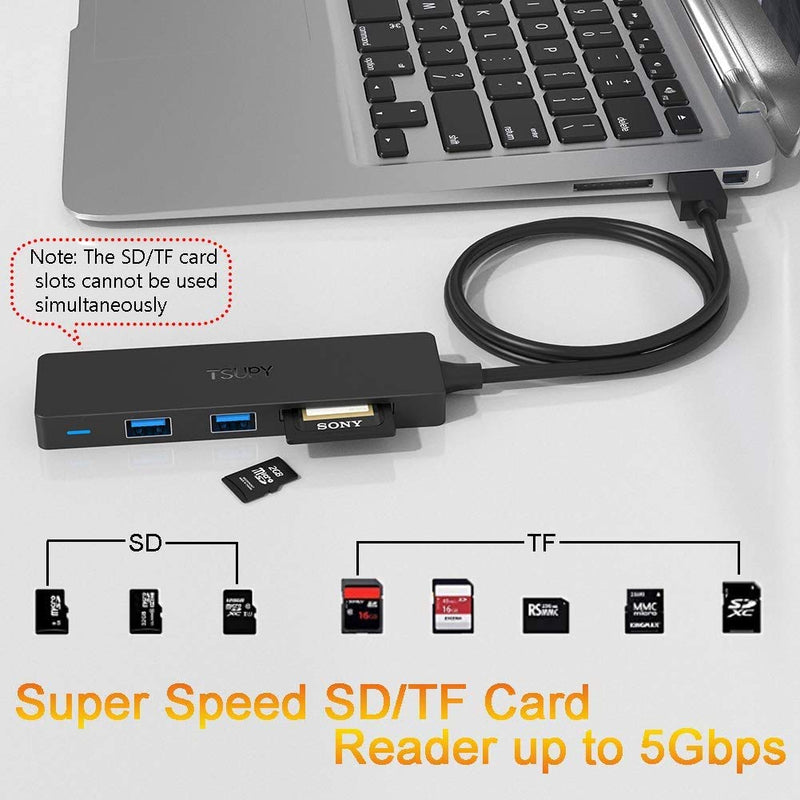 TSUPY USB 3.0 Hub Multi USB HUB with 4ft/48inch Extended Cable, SD/TF Card Reader & 3 USB 3.0 Ports Compatible for PC, Laptops, Surface Pro, MacBook, Mac Mini, iMac Pro - LeoForward Australia