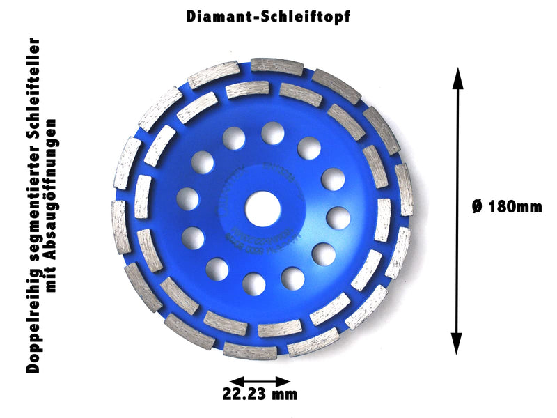  [AUSTRALIA] - QUANTEX diamond cup wheel 180mm. Diamond grinding disc double row with 22.23mm standard bore suitable for all angle grinders, concrete milling machines etc. Universal for concrete, natural stone, screed.