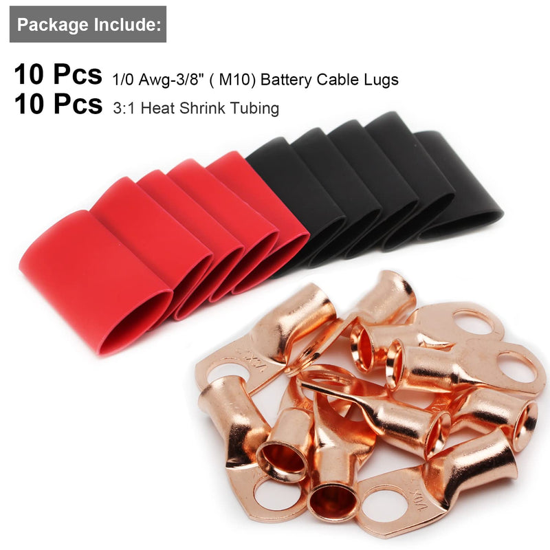  [AUSTRALIA] - TKDMR 10pcs 1/0 AWG-3/8" Battery Lugs,Heavy Duty Wire Lugs,Ring Terminals,Battery Cable Ends,0 Guage terminals,Battery Terminal Connectors with 10pcs 3:1 Heat Shrink Tubing 1/0 Awg - 3/8" (M10) Ring 10