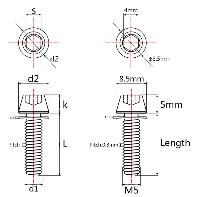  [AUSTRALIA] - Wanyifa Titanium Ti Allen Hex M5x16 18mm Tapered Head Bolt with Washer Screw for Bicycle Stem Parts Pack of 6 (Black, M5x18mm) Black