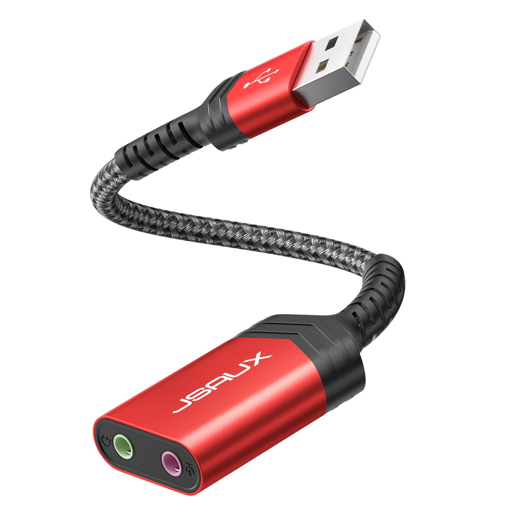  [AUSTRALIA] - USB Audio Adapter, JSAUX External Stereo Sound Card, USB to 3.5mm Jack Audio Adapter with 3.5mm TRS Headphone and Microphone Jack Compatible with Windows, MAC, PC, Laptop, Desktops, PS5, PS4 -RED