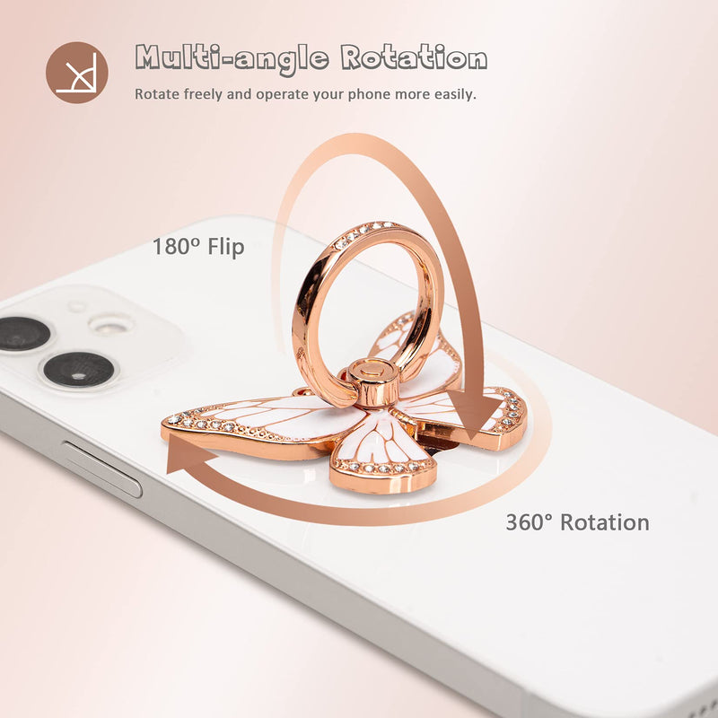  [AUSTRALIA] - Butterfly Cell Phone Ring Holder, 360°Rotation Metal Finger Stand Kickstand, Universal Compatible with iPhone Samsung Galaxy LG Google Pixel iPad, Rhinestones and Enamel Process Butterfly Rose Gold