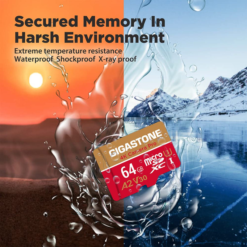  [AUSTRALIA] - Gigastone 64GB 2-Pack Micro SD Card, 4K Camera Pro for GoPro, Security Camera, Wyze, DJI, R/W up to 95/35MB/s MicroSDXC Memory Card UHS-I U3 A2 V30