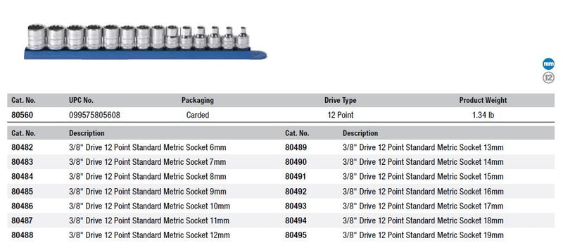  [AUSTRALIA] - GEARWRENCH 14 Pc. 3/8" Drive 12 Point Standard Metric Socket Set - 80560