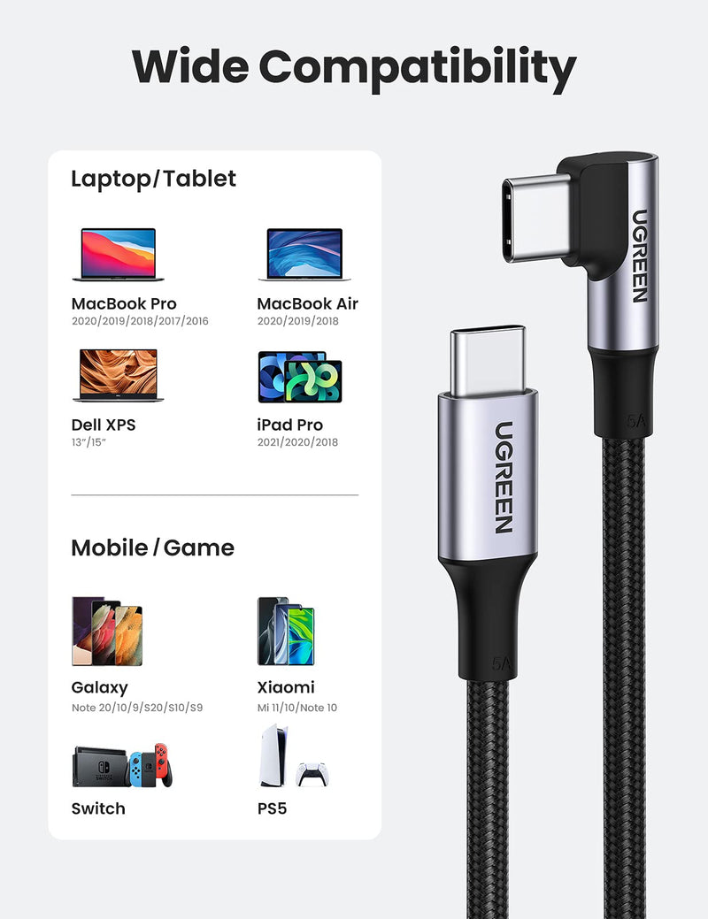 UGREEN USB-C to USB-C Cable Right Angle 100W Type C PD Charging Cord for Apple MacBook Pro Huawei Matebook iPad Pro 2020 Chromebook Pixel 4 XL Samsung Note 10 S20 S10 Nintendo Switch 3 Feet - LeoForward Australia