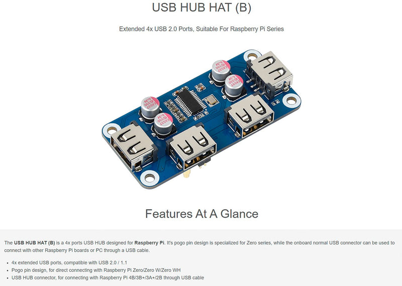  [AUSTRALIA] - Bicool USB HUB HAT (B) for Raspberry Pi 4B/3B+/3A+/2B/Zero/Zero W/Zero WH,Extended 4X USB 2.0 Ports Compatible with USB 2.0/1.1 USB HUB HAT(B)