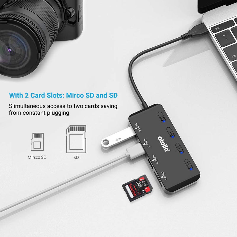 USB 3.0 HUB, atolla USB Hub with SD/Micro SD Card Reader, USB Splitter with 3 USB Ports, 2 Card Slots and Individual LED Power Switches Black - LeoForward Australia