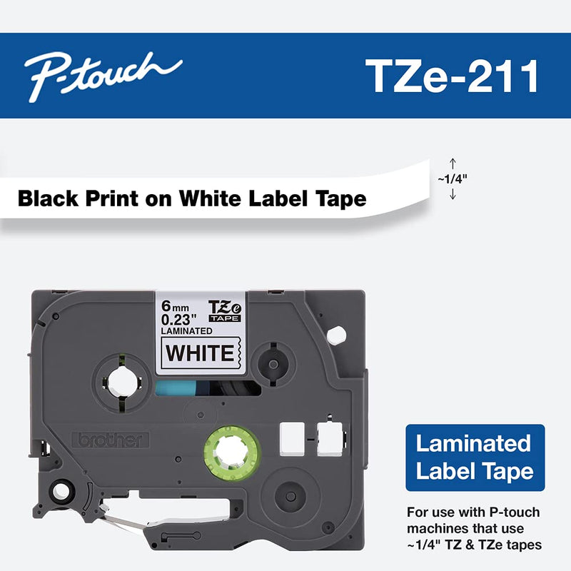  [AUSTRALIA] - Brother Genuine P-touch TZE-211 Label Tape 1, 1/4" (0.23") Standard Laminated P-touch Tape, Black on White, Laminated for Indoor or Outdoor Use, Water Resistant, 26.2 Feet (8M), Single-Pack 1/4"