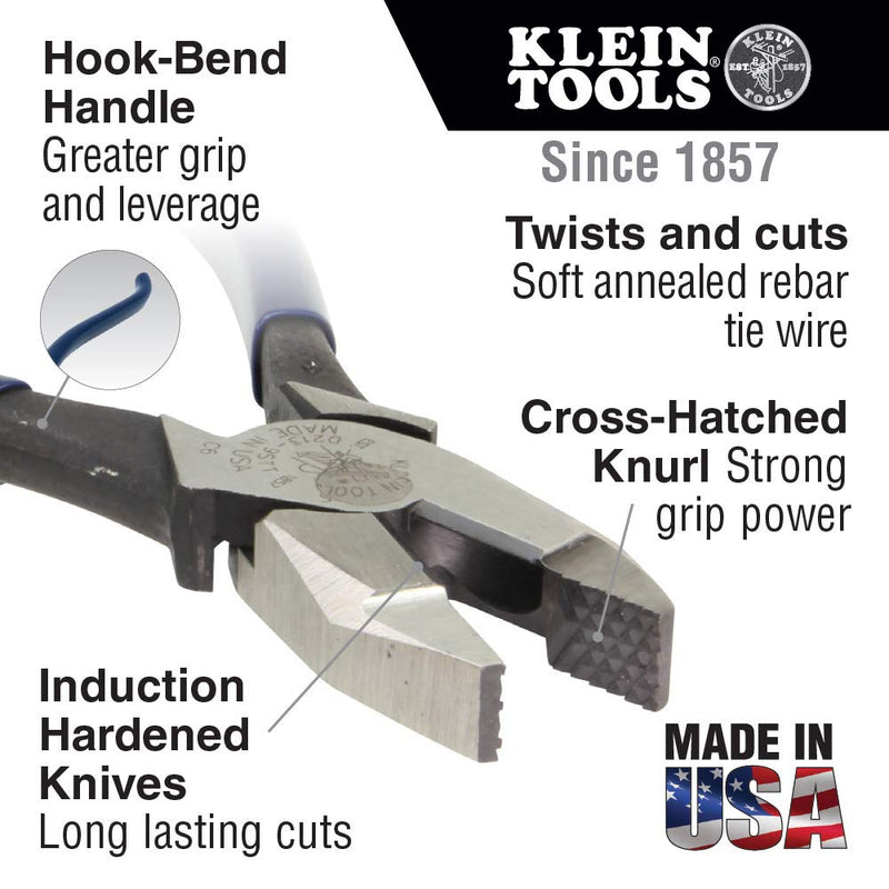 Klein Tools 213-9ST Rebar Work Pliers with Spring-Loaded Action, Induction Hardened Knives and Handle Tempering, Black, 9-Inch High Leverage/Plain Hadle - LeoForward Australia