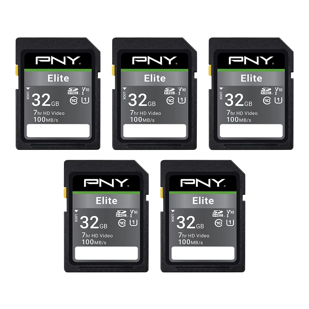  [AUSTRALIA] - PNY 32GB Elite Class 10 U1 V10 SDHC Flash Memory Card 5-Pack - 100MB/s Read, Class 10, U1, V10, Full HD, UHS-I, Full Size SD