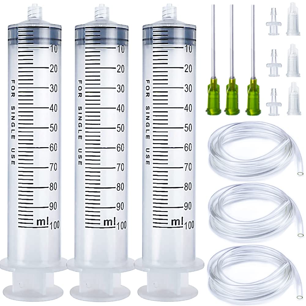  [AUSTRALIA] - 3 Pack 100ml/cc Large Plastic Syringe with Cap, 3Pcs 3.2ft Handy Plastic Tubing 14ga Blunt Tip and Luer Connections, Tubing Connnector for Scientific Labs, Measuring, Watering, Refilling, Filtration, Feeding