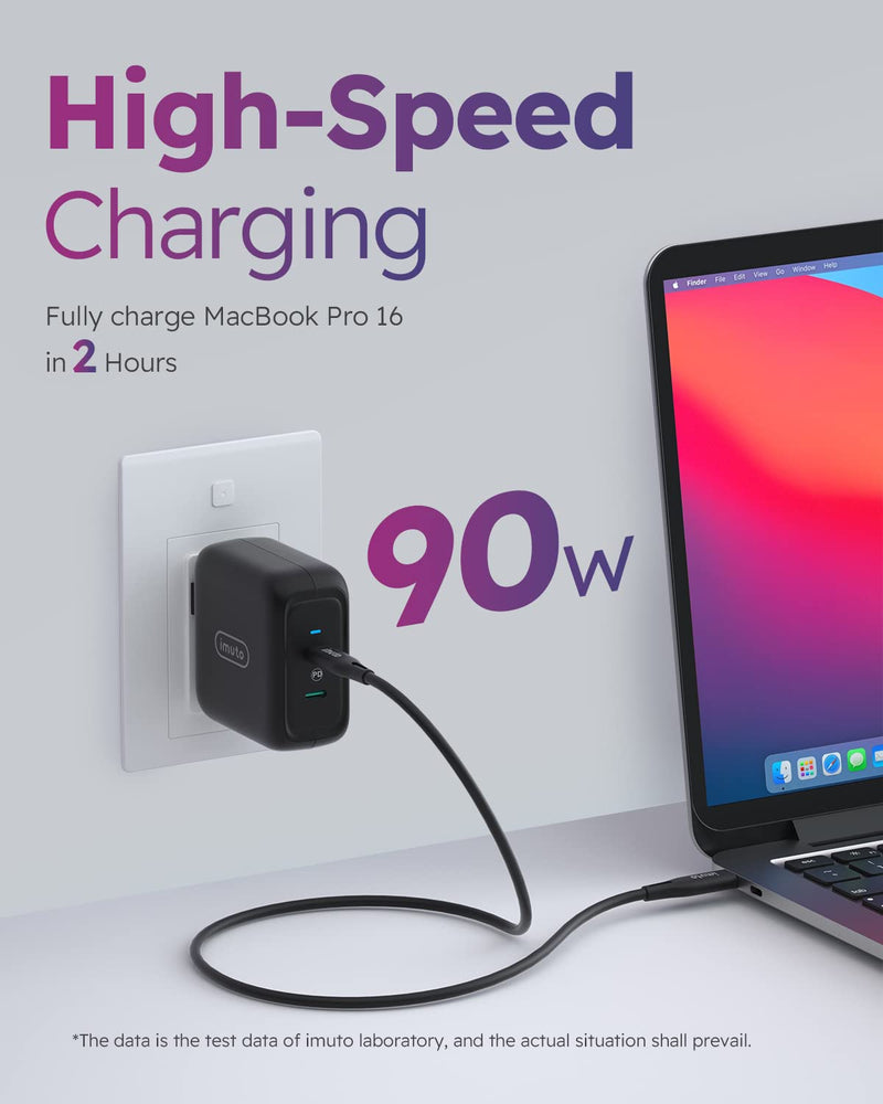  [AUSTRALIA] - imuto USB C Wall Charger, 90W Dual USB C Laptops Charger GaN PD 3.0 Fast Charging with USB C Cable，Adapter Compatible with MacBook Pro Air, iPad Pro, iPhone 13/12 Series, Galaxy S21, Dell XPS 13, Etc