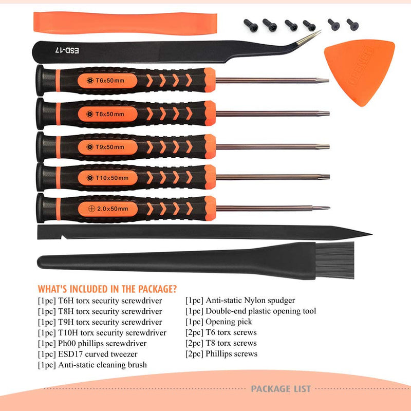  [AUSTRALIA] - TECKMAN T6 T8 T9 T10 Torx Security Screwdriver Set, Repair Kit for Xbox one Xbox 360 PS3 PS4 Controller Disassembly and Cleaning with Anti-static Brush, Tweezer, Spare Screws and Opening Pry Tools