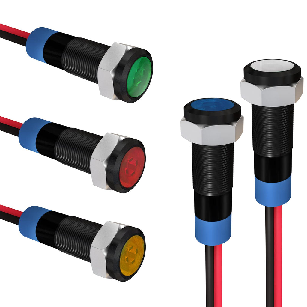  [AUSTRALIA] - APIELE Indicator Light 6mm 1/4" Waterproof IP65 Metal Signal Lamp 12V-24V AC/DC LED Pilot Dash Lamp Aluminum Red Green Blue Yellow White 5 PCS with 150mm Wire for Car Truck Boat (Multicolored) Multicolor Black Shell