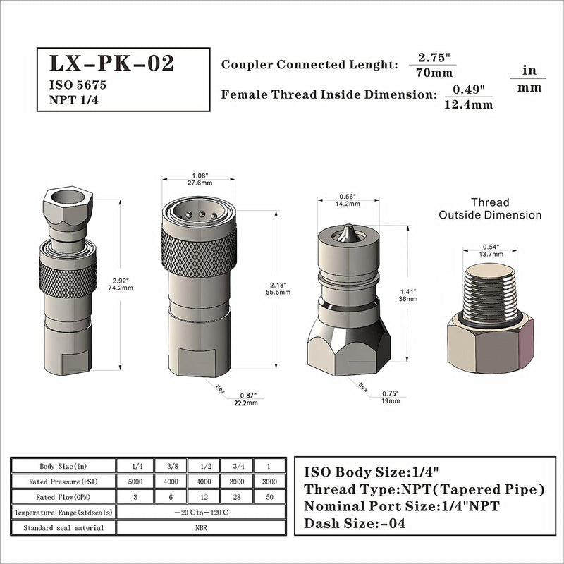  [AUSTRALIA] - 2-Sets 1/4'' Ag ISO5675 Carbon Steel Hydraulic Quick Disconnect Coupling/Coupler Poppet Valve，Pioneer Type, Set w/Dust Cap 2Sets-1/4NPT (Poppet )