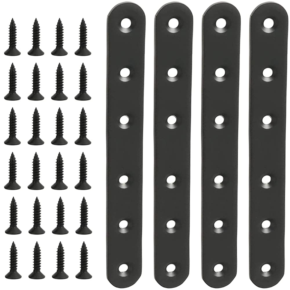  [AUSTRALIA] - 4 Pcs Black Flat Straight Braces Stainless Steel Straight Brackets 155mm x 20mm Heavy Duty Mending Plate for Wood, Metal Repair Joining Bracket, with Screws