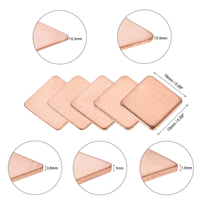 uxcell Flat IC Chipset Thermal Copper Heatsink for CPU GPU RAM 15 x 15mm with Thickness 0.3/0.5/0.8/1.0/1.5mm Total 15pcs 15x15mm - LeoForward Australia