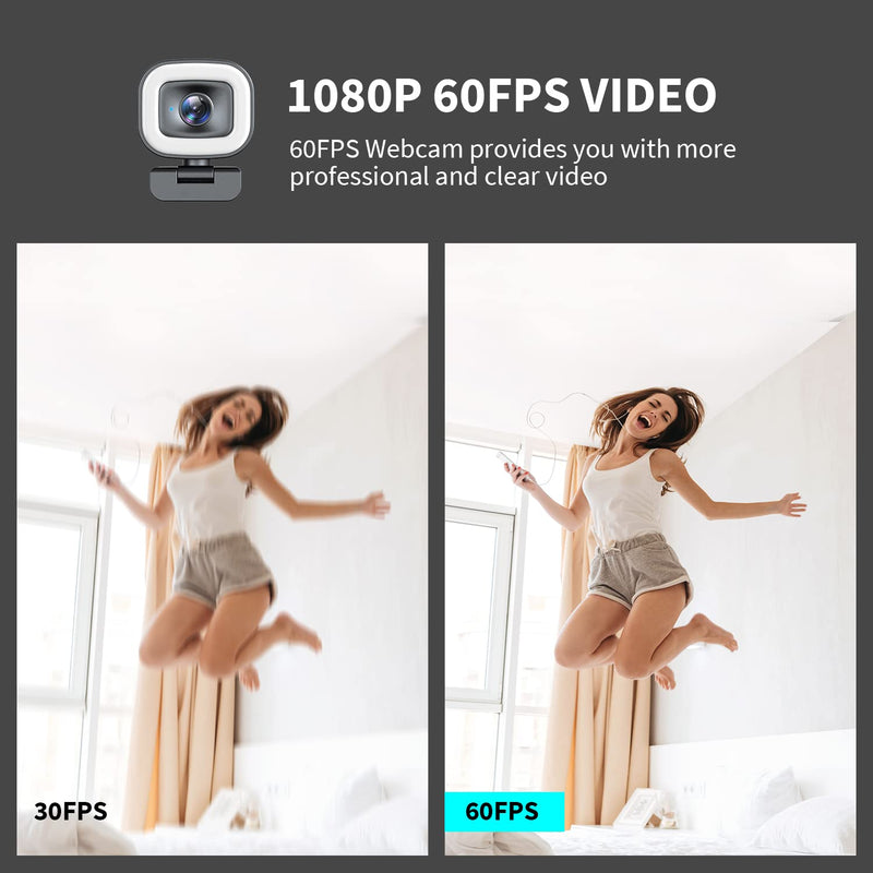  [AUSTRALIA] - 60FPS Webcam with Ring Light, Auto-Focus HD 60FPS, 1080P Web Camera with Dual Microphone and Privacy Cover for YouTube, Skype, Zoom, Twitch, OBS, Xsplit and Video Calling, W15