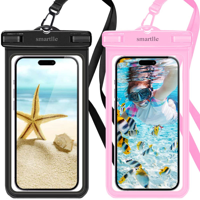  [AUSTRALIA] - smartlle Waterproof Phone Pouch Case - 2 Pack, Cell Phone Dry Bag for iPhone 14 13 12 11 Pro Max XS Plus XR, Galaxy S23 S22 S21, IPX8 Waterproof Phone Holder for Vacation Underwater Beach Necessities Black+Pink