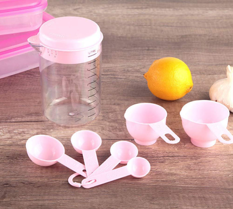  [AUSTRALIA] - Measuring Cup and Measuring Spoons Set, Plastic for Dry and Liquid Ingredients 7 Piece Set, 6 Measure Spoons & 1 Measure Cup with Spout and Lid,BPA Free Dishwasher Safe Pink