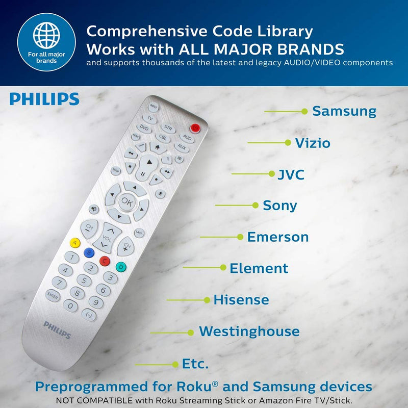  [AUSTRALIA] - Backlit Universal Remote Control by Philips, Works for Samsung, Vizio, TCL, HiSense, Sony, RCA, Panasonic, Roku, Apple TV, Smart TVs, Streaming Players, Blu-Ray, DVD, 6-Device, Silver, SRP3016S/27 6-Device Silver