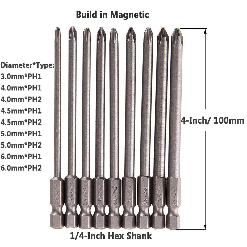  [AUSTRALIA] - Yakamoz 9pcs 4-Inch Magnetic Long Hex Cross Phillips Screw Head Screwdriver Bits Electric Screwdriver Set 9pcs/ 100mm
