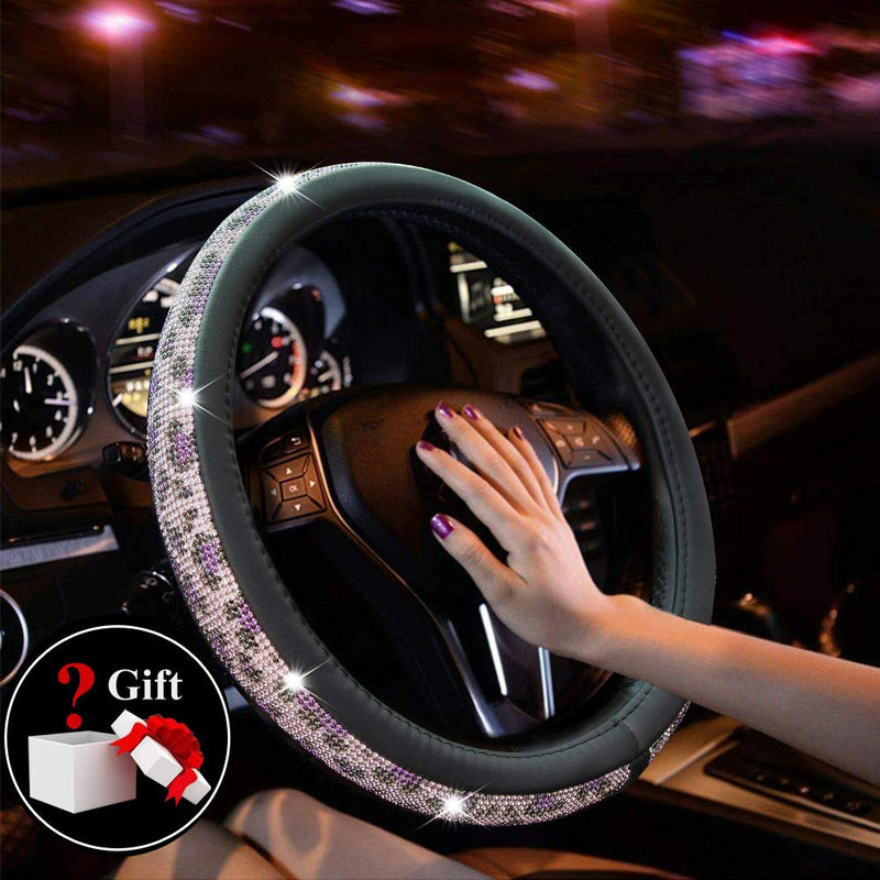 Crystal Diamond Steering Wheel Cover, PU Leather with Colorful Leopard Bling Bling Rhinestones, Universal 15inch / 38cm for Women Girls, Purple - LeoForward Australia