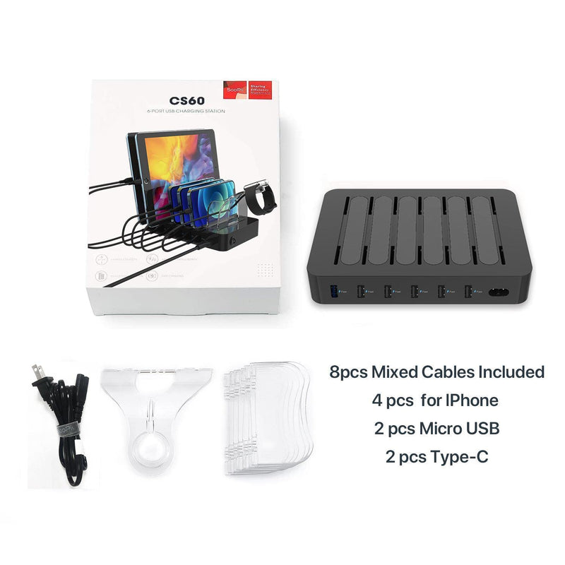  [AUSTRALIA] - SooPii Quick Charge 3.0 60W/12A 6-Port USB Charging Station for Multiple Devices, 8 Short Charging Cables Included, I Watch Charger Holder,for Phones, Tablets, and Other Electronics Black