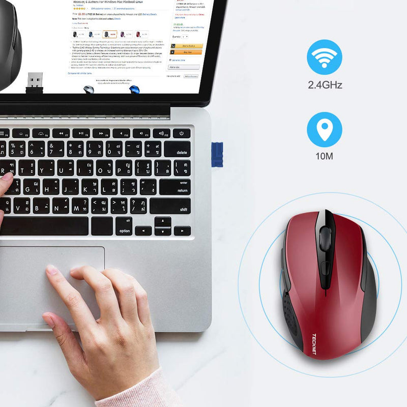 TECKNET Pro 2.4G Ergonomic Wireless Optical Mouse with USB Nano Receiver for Laptop,PC,Computer,Chromebook,Notebook,6 Buttons,24 Months Battery Life, 2600 DPI, 5 Adjustment Levels Red - LeoForward Australia