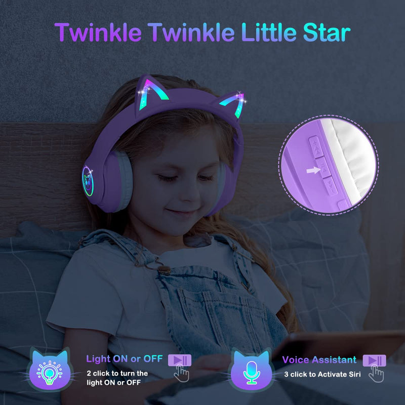  [AUSTRALIA] - LOBKIN Bluetooth 5.1 Kids Headphones with Bag - RGB LED Light Up Cat Ears Foldable Adjustable On-Ear Headset Support Wireless or 3.5mm Wired Mode for Toddler & Girls & Boys Teens (Purple) Purple