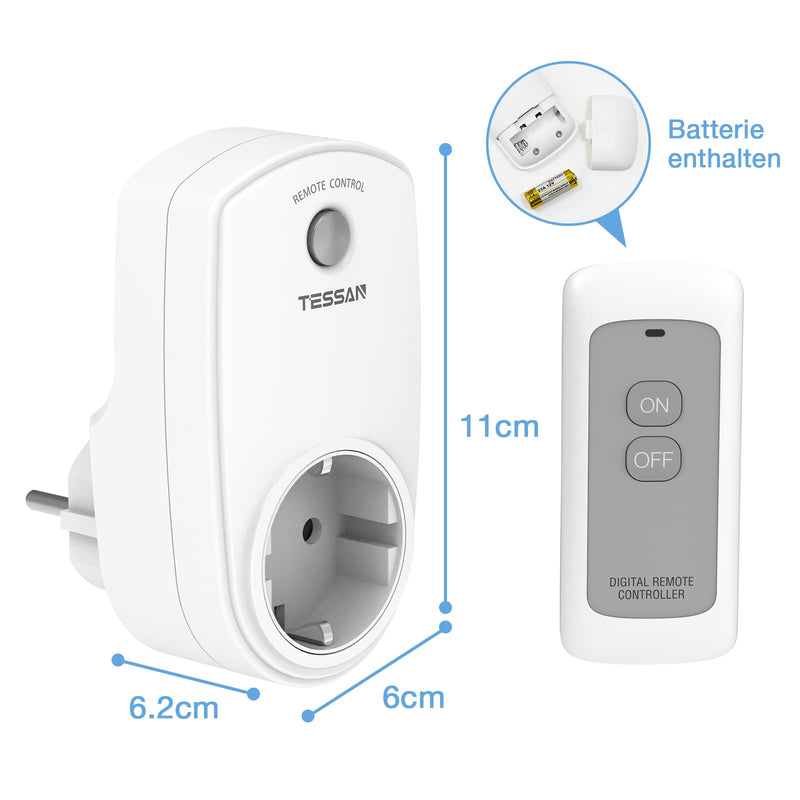  [AUSTRALIA] - Radio sockets with remote control, TESSAN socket with remote control 25 m range, self-learning function, radio socket, radio socket compatible with indoor fairy lights and household appliances, white front switch