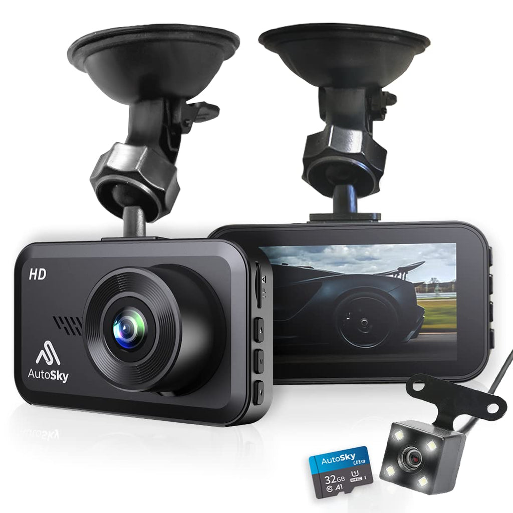  [AUSTRALIA] - AutoSky Dash Cam Front and Rear - Dash Camera for Cars Mini Dash Cam Full HD with 32GB Memory Card, 3 inch IPS Screen, Accident Lock, Loop Recording, Parking Monitor, Motion Detection