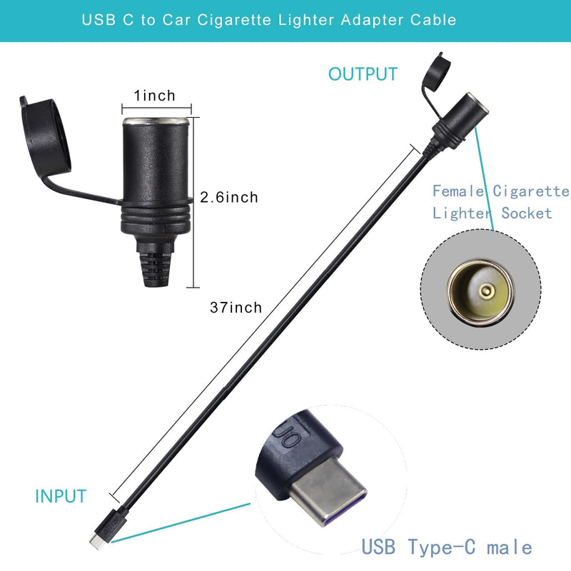  [AUSTRALIA] - KUNCAN USB-C to Cigarette Lighter Adapter - 12V USB-PD Male to Cigarette Lighter Converter Adapter Cable (3 Feet, Max 36W 12V3A), 12 Volt USB Type-C Plug to Car Cigar Adapter Female Socket Power Cable