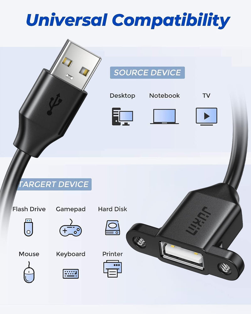  [AUSTRALIA] - 2Pack USB2.0 Male to Female Extension Cable with Ears can be Fixed Various Chassis/Cabinets/Panels USB Extender W/Screw nut for USB Panel Mount (USB2.0, 3FT)