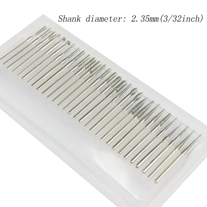  [AUSTRALIA] - Luo ke 30 Pcs Diamond Burr Set, Stone Carving Bits Glass Grinding Tools Fits for Dremel Rotary Tool (3/32 Inch Shank) 3/32 in shank Silver